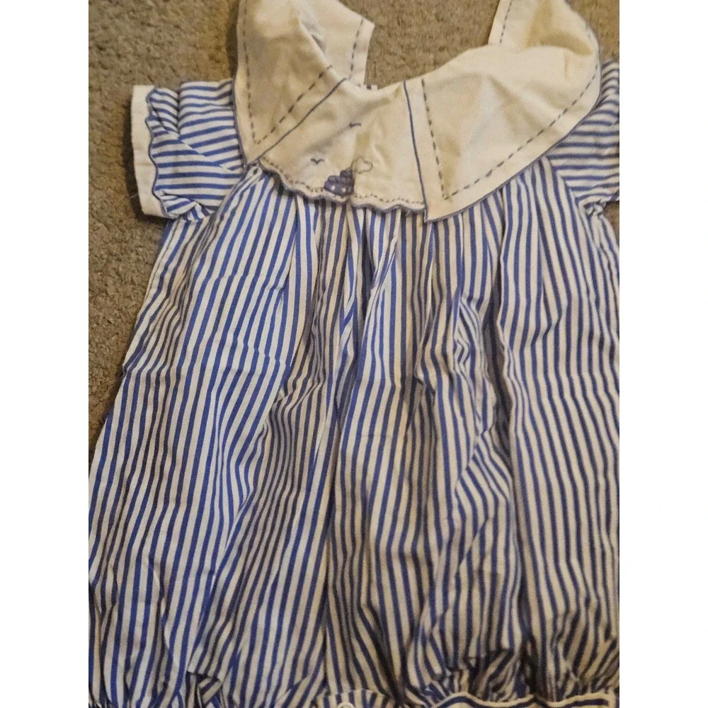 Rosey Kids Blue White Striped Bubble Romper Peter Pan Collar Vintage Style